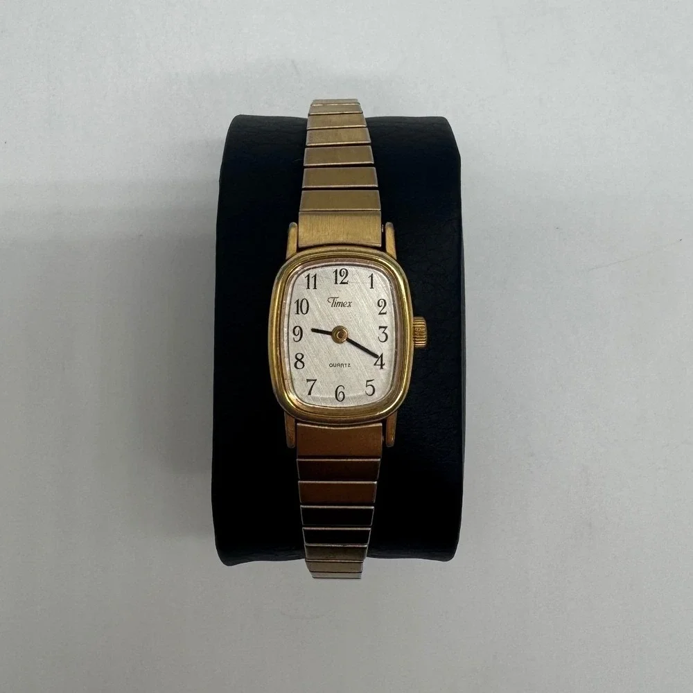 Vintage Timex Quartz Watch Gold Tone Cushion Case Expansion Band needs bat